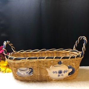 Unique Handmade Double Handle Wicker Basket W/Ceramic Tea Cup & Tea Pot
